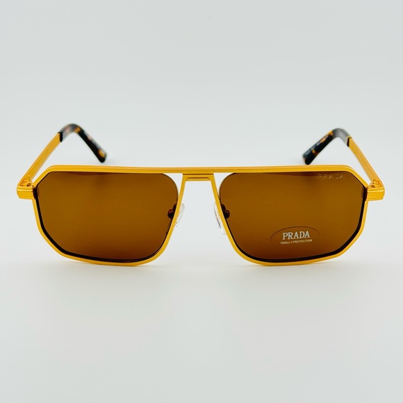 Prada Sunglasses PRA53S Iconic metal plaque Opaque Gold Frame brown lenses - Picture 7 of 15